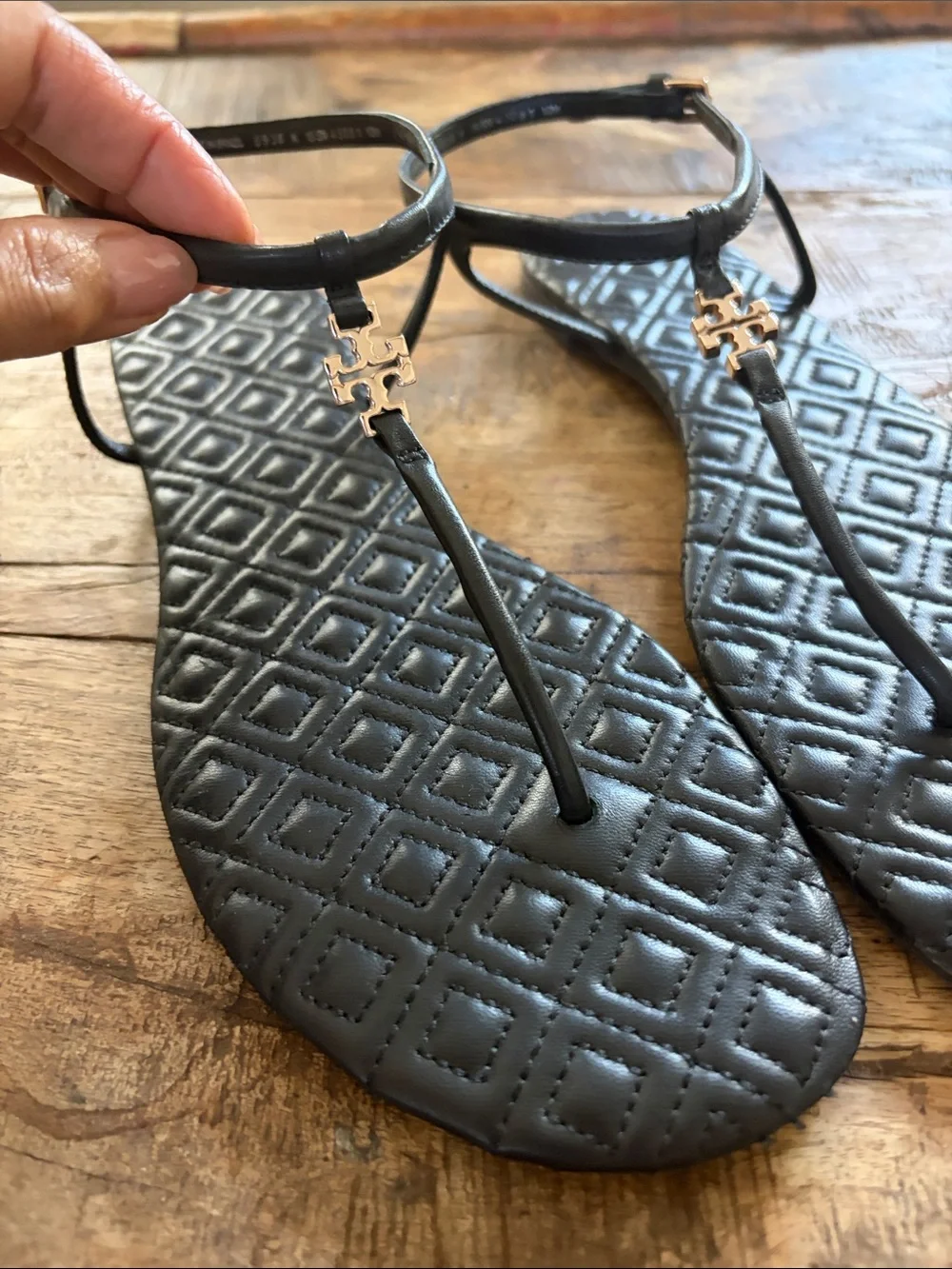 Tory Burch Marion Black Quilted T-Strap Sandals with Gold Logo